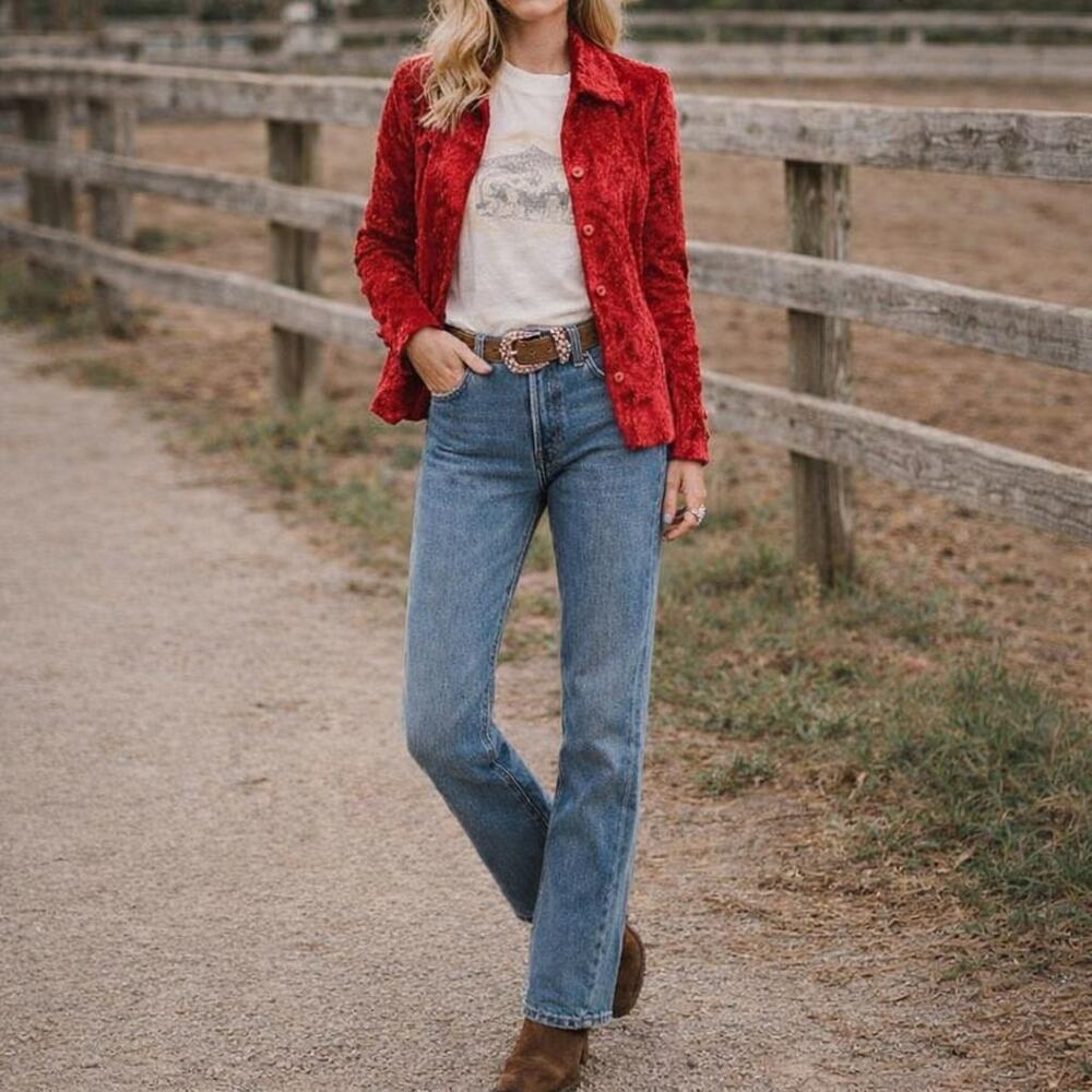European Boutique Cherry Red Plush Velvet Blazer EU 42 - Picture 5 of 14